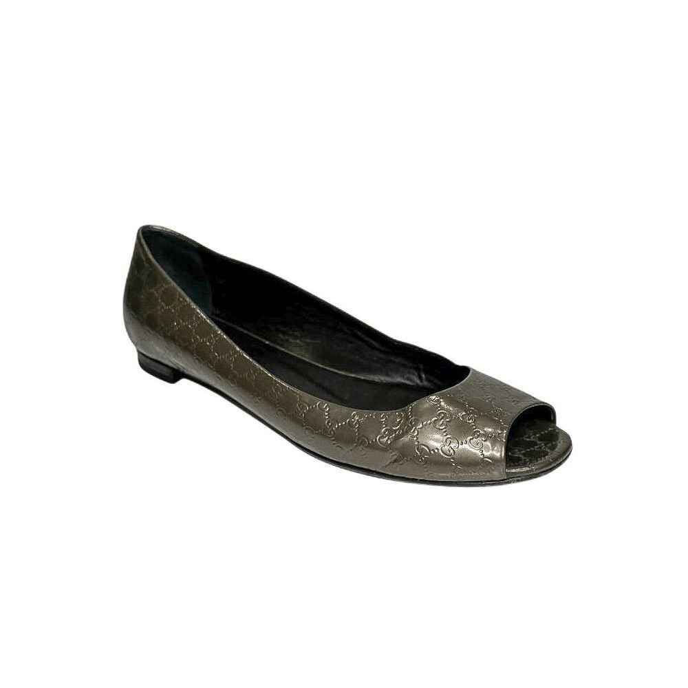 Gucci Microguccissima GG Monogram Peep Toe Flats EU 38 Bronze Patent Leather